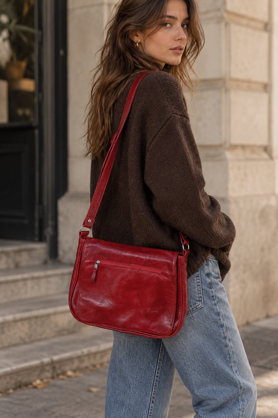 Red Genuine Leather Crossbody Bag Vintage Textured Flap Messenger Shoulder Purse